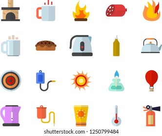 Color flat icon set teapot flat vector, electric kettle, fire, induction cooker, temperature, sausage, pie, tea, mustard, bonfire, fireplace, medical warmer, coffee, gas burner, balloon fector, sun