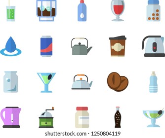 Color flat icon set teapot flat vector, electric kettle, coffee grinder, beans, lemonade, wine, cocktail, whiskey, soda, coffe, drop, glass bottles, vitamins, water, fector