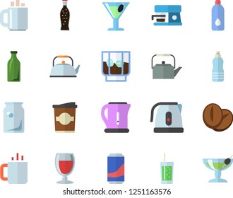 Color flat icon set teapot flat vector, electric kettle, coffee machine, beans, lemonade, wine, cocktail, whiskey, soda, coffe, tea, glass bottles, water, fector