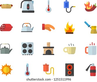 Color flat icon set teapot flat vector, electric kettle, potholder, turk, stove, induction cooker, temperature, sausage, hot dog, peppers, tea, thermometer, sun, bonfire, fireplace, medical warmer