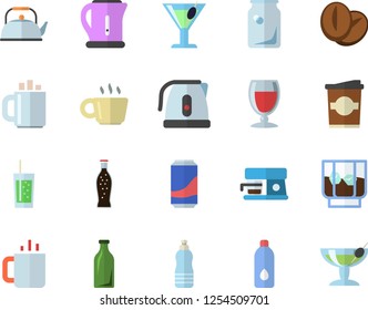 Color flat icon set teapot flat vector, electric kettle, coffee machine, beans, lemonade, wine, cocktail, whiskey, soda, coffe, tea, glass bottles, water, fector