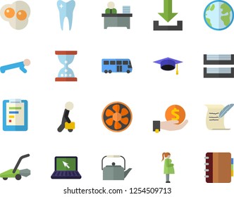 Color flat icon set teapot flat vector, scrambled eggs, lawn mower, ventilation, earth, graphic report, investments, gestation, tooth, office worker, paper tray, laptop, businessman, bachelor cap