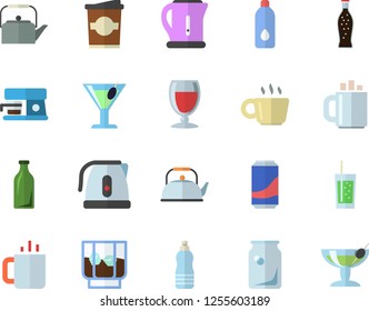 Color flat icon set teapot flat vector, electric kettle, coffee machine, lemonade, wine, cocktail, whiskey, soda, coffe, tea, glass bottles, water, fector