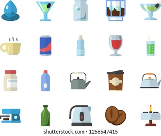 Color flat icon set teapot flat vector, electric kettle, coffee machine, beans, lemonade, wine, cocktail, whiskey, soda, coffe, drop, glass bottles, vitamins, water, fector, romantic dinner