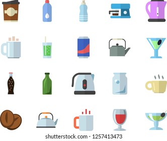 Color flat icon set teapot flat vector, electric kettle, coffee machine, beans, lemonade, wine, cocktail, soda, coffe, tea, glass bottles, water, fector