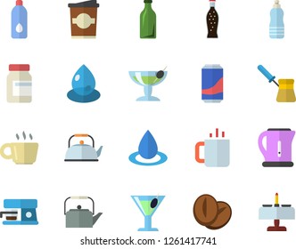Color flat icon set teapot flat vector, electric kettle, turk, coffee machine, beans, lemonade, cocktail, coffe, tea, drop, glass bottles, vitamins, water, fector, romantic dinner