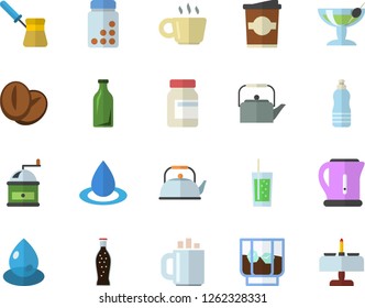 Color flat icon set teapot flat vector, electric kettle, coffee grinder, turk, beans, lemonade, whiskey, soda, coffe, drop, glass bottles, vitamins, water, cocktail fector, romantic dinner