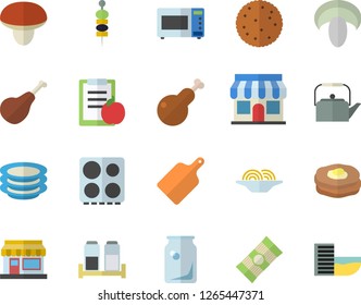 Color flat icon set teapot flat vector, cutting board, electric stove, microwave, spice, plates, spaghetti, mushroom, ham, biscuit, chicken, canape, pancakes, grain warehouse, glass bottles, diet
