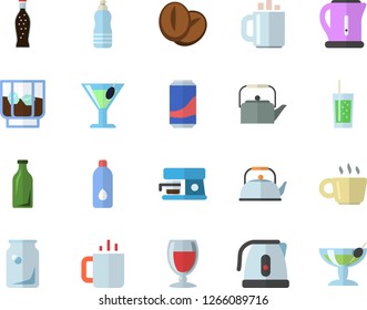 Color flat icon set teapot flat vector, electric kettle, coffee machine, beans, lemonade, wine, cocktail, whiskey, soda, tea, glass bottles, water, fector