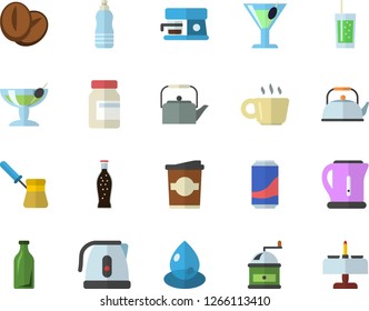 Color flat icon set teapot flat vector, electric kettle, coffee grinder, turk, machine, beans, lemonade, cocktail, soda, coffe, drop, glass bottles, vitamins, water, fector, romantic dinner