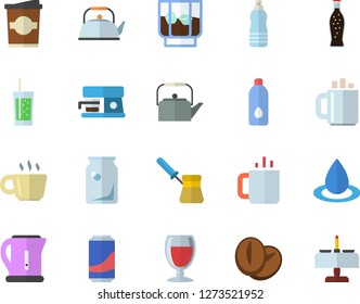 Color flat icon set teapot flat vector, electric kettle, turk, coffee machine, beans, lemonade, wine, whiskey, soda, coffe, tea, drop, glass bottles, water, romantic dinner fector