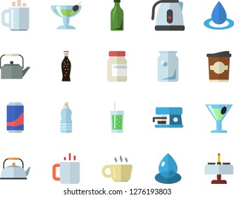 Color flat icon set teapot flat vector, electric kettle, coffee machine, lemonade, cocktail, soda, coffe, tea, drop, glass bottles, vitamins, water, fector, romantic dinner