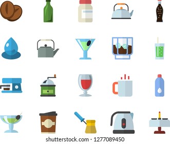 Color flat icon set teapot flat vector, electric kettle, coffee grinder, turk, machine, beans, lemonade, wine, cocktail, whiskey, soda, coffe, tea, drop, glass bottles, vitamins, water, fector