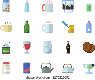 Color flat icon set teapot flat vector, coffee grinder, turk, beans, lemonade, wine, whiskey, soda, tea, glass bottles, vitamins, water, cocktail fector