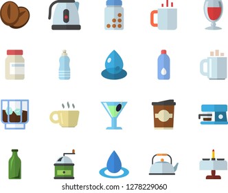 Color flat icon set teapot flat vector, electric kettle, coffee grinder, machine, beans, wine, cocktail, whiskey, coffe, tea, drop, glass bottles, vitamins, water, romantic dinner fector