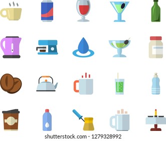 Color flat icon set teapot flat vector, electric kettle, turk, coffee machine, beans, lemonade, wine, cocktail, soda, coffe, tea, drop, glass bottles, vitamins, water, fector, romantic dinner