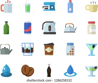 Color flat icon set teapot flat vector, electric kettle, coffee machine, beans, lemonade, cocktail, whiskey, soda, coffe, tea, drop, glass bottles, vitamins, water, fector