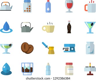 Color flat icon set teapot flat vector, turk, coffee machine, beans, lemonade, wine, cocktail, whiskey, tea, drop, glass bottles, vitamins, water, fector, romantic dinner
