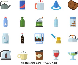 Color flat icon set teapot flat vector, electric kettle, coffee grinder, turk, beans, lemonade, wine, whiskey, coffe, tea, drop, glass bottles, vitamins, water, cocktail fector