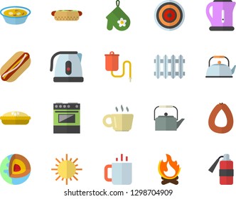 Color flat icon set teapot flat vector, electric kettle, potholder, stove, induction cooker, sausage, hot dog, soup, pie, tea, sun, bonfire, radiator, medical warmer, coffee, fire extinguisher