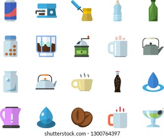 Color flat icon set teapot flat vector, electric kettle, coffee grinder, turk, machine, beans, lemonade, whiskey, tea, drop, glass bottles, vitamins, water, cocktail fector