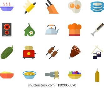 Color flat icon set teapot flat vector, cook hat, potholder, knives, rolling pin, induction cooker, toaster, blender, plates, spaghetti on a fork, salad, soup, porridge, ham, shashlik, cucumber