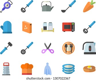Color flat icon set teapot flat vector, electric kettle, spring balance, cook hat, potholder, ladle, kitchen spoon, whisk, towel, scissors, meat hammer, microwave, spice, groats, grater, plates