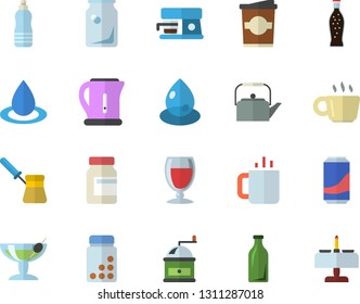 Color flat icon set teapot flat vector, electric kettle, coffee grinder, turk, machine, lemonade, wine, coffe, tea, drop, glass bottles, vitamins, water, cocktail fector, romantic dinner