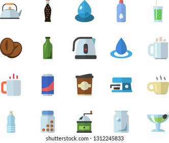Color flat icon set teapot flat vector, electric kettle, coffee grinder, machine, beans, lemonade, soda, coffe, tea, drop, glass bottles, vitamins, water, cocktail fector