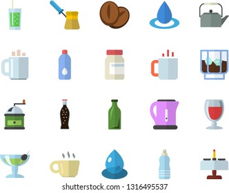 Color flat icon set teapot flat vector, electric kettle, coffee grinder, turk, beans, lemonade, wine, whiskey, soda, tea, drop, glass bottles, vitamins, water, cocktail fector, romantic dinner