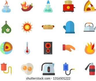 Color flat icon set teapot flat vector, electric kettle, potholder, fire, induction cooker, toaster, temperature, hot dog, pizza, peppers, scrambled eggs, medical warmer, gas burner, sun
