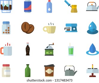 Color flat icon set teapot flat vector, coffee grinder, turk, machine, beans, lemonade, whiskey, soda, coffe, tea, drop, glass bottles, vitamins, water, romantic dinner fector
