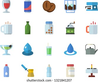 Color flat icon set teapot flat vector, coffee grinder, turk, machine, beans, lemonade, wine, whiskey, soda, tea, drop, glass bottles, vitamins, water, cocktail fector, romantic dinner