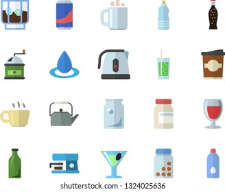 Color flat icon set teapot flat vector, electric kettle, coffee grinder, machine, lemonade, wine, cocktail, whiskey, soda, coffe, drop, glass bottles, vitamins, water