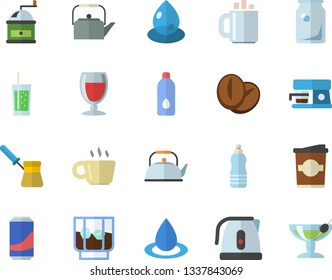 Color flat icon set teapot flat vector, electric kettle, coffee grinder, turk, machine, beans, lemonade, wine, whiskey, soda, coffe, drop, glass bottles, water, cocktail fector