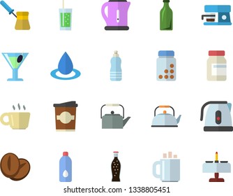 Color flat icon set teapot flat vector, electric kettle, turk, coffee machine, beans, lemonade, cocktail, soda, coffe, drop, glass bottles, vitamins, water, romantic dinner fector