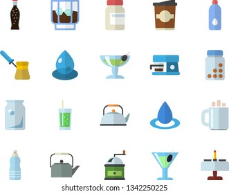 Color flat icon set teapot flat vector, coffee grinder, turk, machine, lemonade, cocktail, whiskey, soda, coffe, drop, glass bottles, vitamins, water, fector, romantic dinner