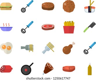 Color flat icon set teflon flat vector, kitchen spoon, whisk, knives, chop, sausage, spaghetti on a fork, hamburger, soup, chicken, ham, cutlet, French fries, sashimi, scrambled eggs, mustard