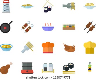 Color flat icon set teflon flat vector, cook hat, double boiler, spice, grater, spaghetti on a fork, soup, chicken, shashlik, fish rolls, canape
