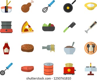 Color flat icon set teflon flat vector, kitchen spoon, whisk, knives, toaster, double boiler, blender, table setting, chop, ketchup, canned food, spaghetti on a fork, pizza, dish, salad, porridge