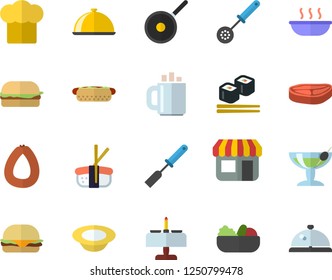 Color flat icon set teflon flat vector, cook hat, kitchen spatula, spoon, dish, chop, sausage, hamburger, hot dog, salad, soup, fish rolls, sashimi, store front, coffee, cocktail fector, jingle
