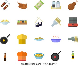 Color flat icon set teflon flat vector, cook hat, double boiler, spice, spaghetti, sauce, on a fork, soup, chicken, shashlik, fish rolls, canape