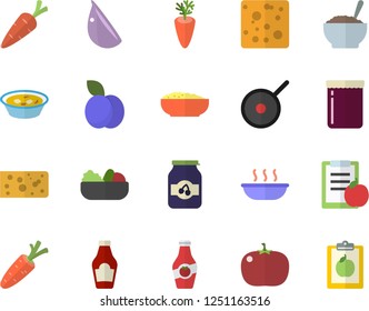 Color flat icon set teflon flat vector, ketchup, cheese, salad, soup, porridge, carrot, garlic, tomato, jam, plum, diet