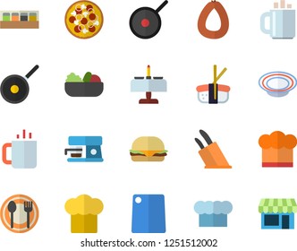 Color flat icon set teflon flat vector, cook hat, knives, cutting board, spice, coffee machine, table setting, sausage, hamburger, pizza, dish, salad, sashimi, tea, romantic dinner fector, shop