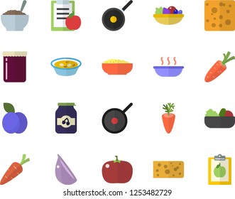 Color flat icon set teflon flat vector, cheese, salad, soup, porridge, carrot, garlic, tomato, jam, plum, diet