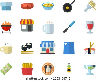 Color flat icon set teflon flat vector, cook hat, kitchen spatula, cutting board, barbecue, table setting, spaghetti, chop, on a fork, soup, French fries, fish rolls, sashimi, wine, canape, coffee
