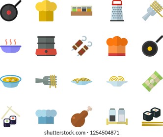 Color flat icon set teflon flat vector, cook hat, double boiler, spice, grater, spaghetti, on a fork, soup, chicken, shashlik, fish rolls