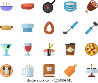 Color flat icon set teflon flat vector, cook hat, ladle, meat hammer, cutting board, cookbook, table setting, plates, chop, sausage, hot dog, pizza, soup, ham, sashimi, wine, cocktail, coffe, coffee