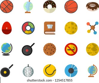 Color flat icon set teflon flat vector, kitchen egg timer, cookbook, donut, biscuit, molecules, clircle diagram, moon, globe, basketball, tennis ball, disco fector, no smoking