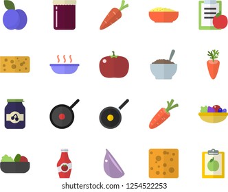 Color flat icon set teflon flat vector, cheese, salad, soup, porridge, carrot, garlic, tomato, jam, plum, ketchup, diet
